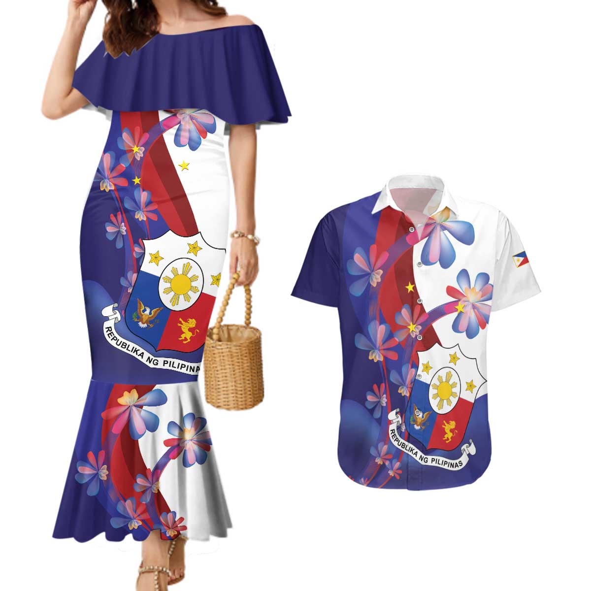 Philippines Sun Plumeria Floral Couples Matching Mermaid Dress and Hawaiian Shirt Unique Stylized