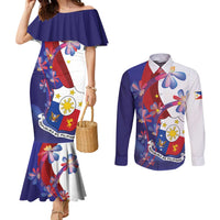 Philippines Sun Plumeria Floral Couples Matching Mermaid Dress and Long Sleeve Button Shirt Unique Stylized