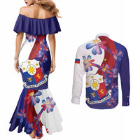 Philippines Sun Plumeria Floral Couples Matching Mermaid Dress and Long Sleeve Button Shirt Unique Stylized
