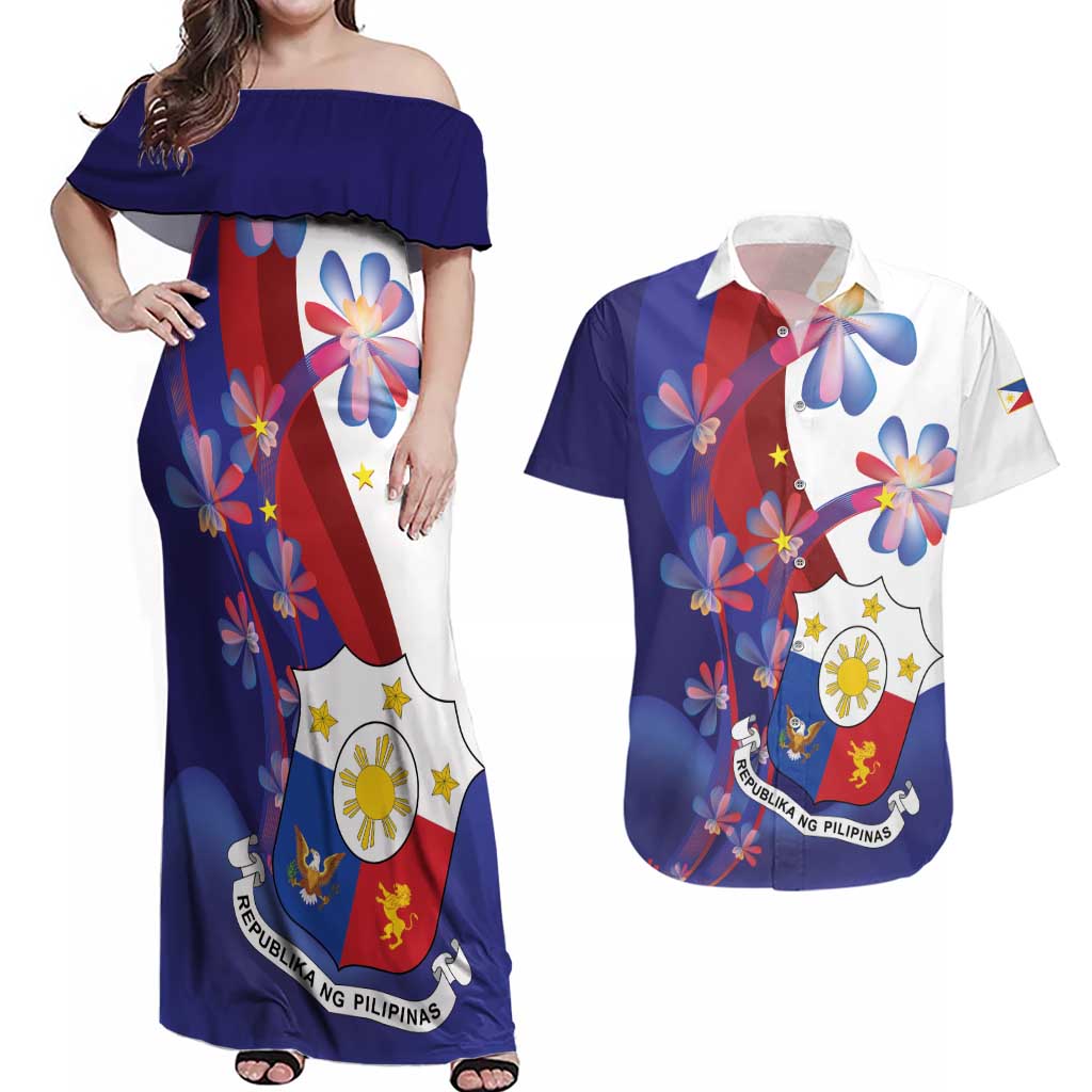 Philippines Sun Plumeria Floral Couples Matching Off Shoulder Maxi Dress and Hawaiian Shirt Unique Stylized