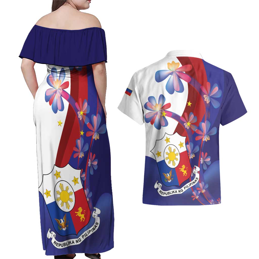 Philippines Sun Plumeria Floral Couples Matching Off Shoulder Maxi Dress and Hawaiian Shirt Unique Stylized