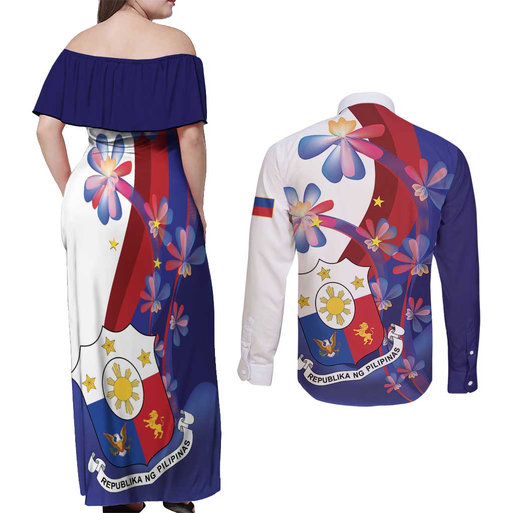 Philippines Sun Plumeria Floral Couples Matching Off Shoulder Maxi Dress and Long Sleeve Button Shirt Unique Stylized