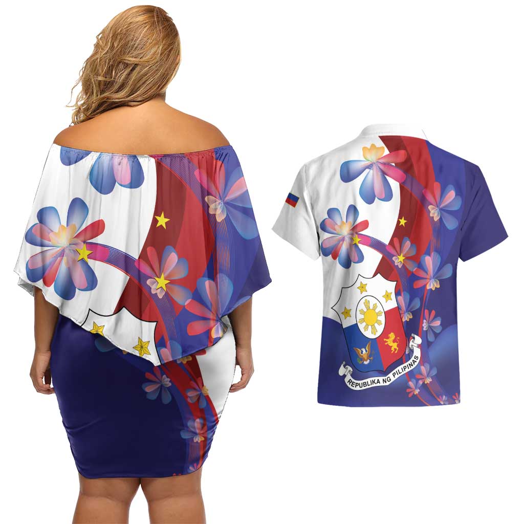 Philippines Sun Plumeria Floral Couples Matching Off Shoulder Short Dress and Hawaiian Shirt Unique Stylized