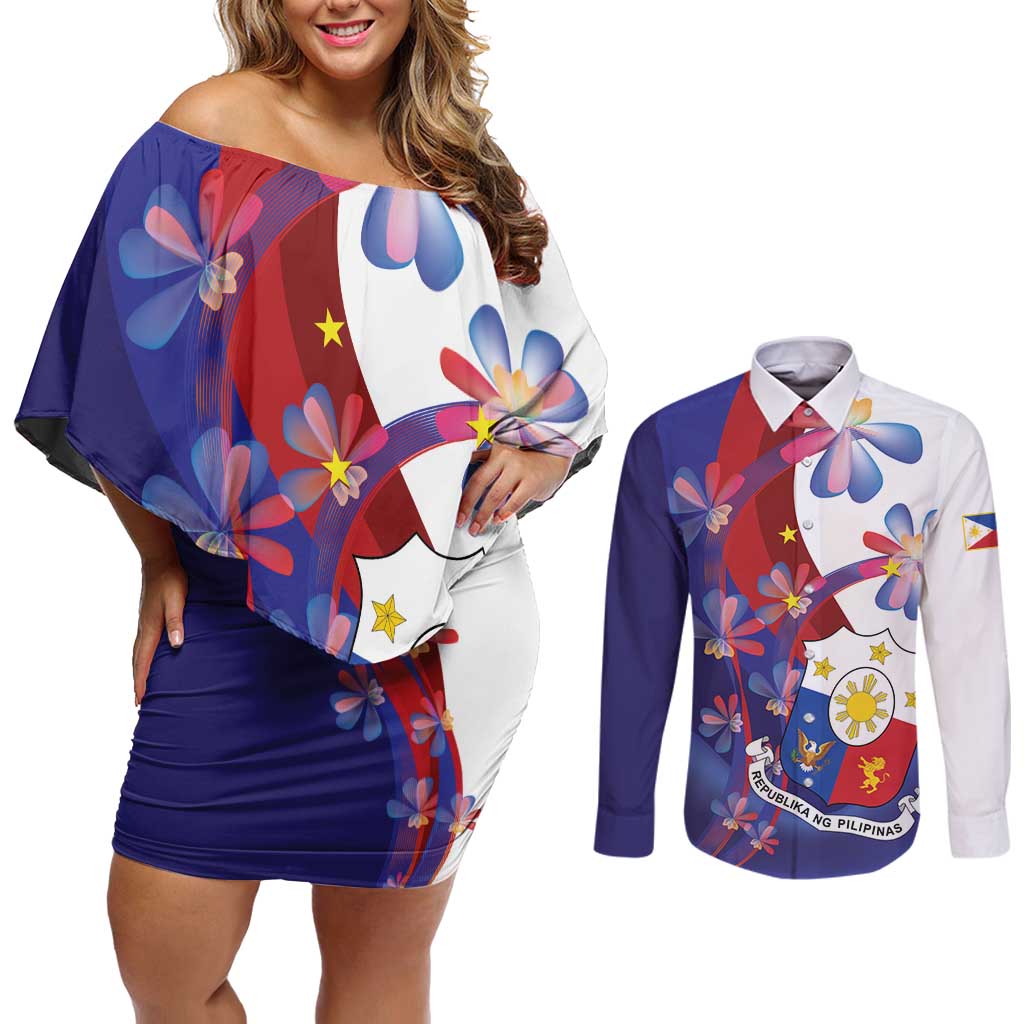 Philippines Sun Plumeria Floral Couples Matching Off Shoulder Short Dress and Long Sleeve Button Shirt Unique Stylized