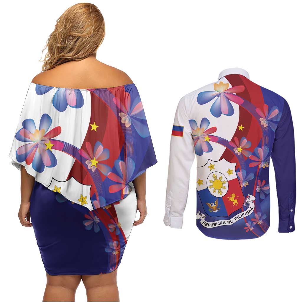 Philippines Sun Plumeria Floral Couples Matching Off Shoulder Short Dress and Long Sleeve Button Shirt Unique Stylized
