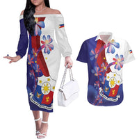 Philippines Sun Plumeria Floral Couples Matching Off The Shoulder Long Sleeve Dress and Hawaiian Shirt Unique Stylized