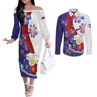 Philippines Sun Plumeria Floral Couples Matching Off The Shoulder Long Sleeve Dress and Long Sleeve Button Shirt Unique Stylized