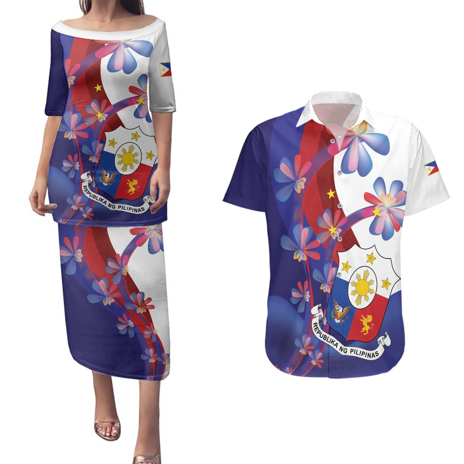 Philippines Sun Plumeria Floral Couples Matching Puletasi and Hawaiian Shirt Unique Stylized