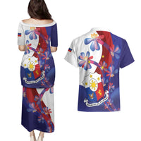 Philippines Sun Plumeria Floral Couples Matching Puletasi and Hawaiian Shirt Unique Stylized
