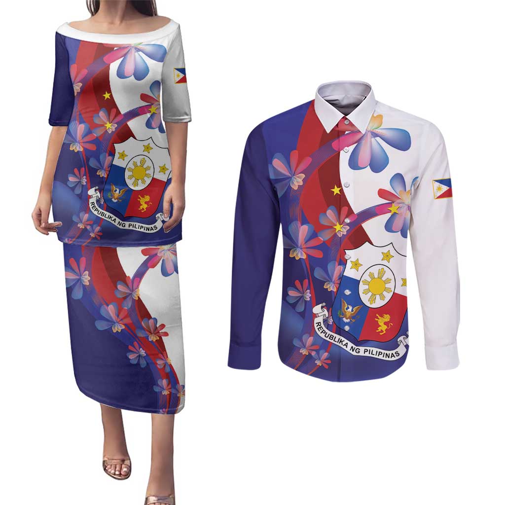 Philippines Sun Plumeria Floral Couples Matching Puletasi and Long Sleeve Button Shirt Unique Stylized