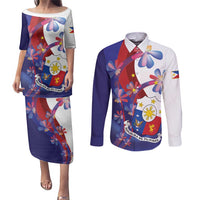 Philippines Sun Plumeria Floral Couples Matching Puletasi and Long Sleeve Button Shirt Unique Stylized