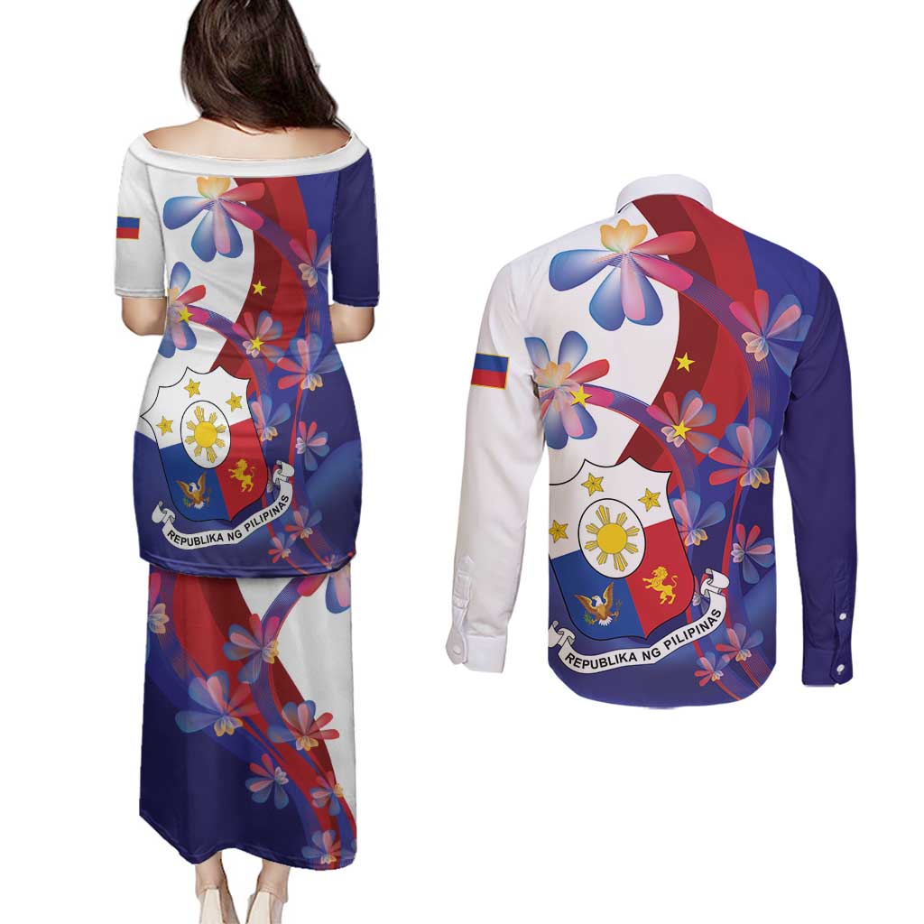 Philippines Sun Plumeria Floral Couples Matching Puletasi and Long Sleeve Button Shirt Unique Stylized