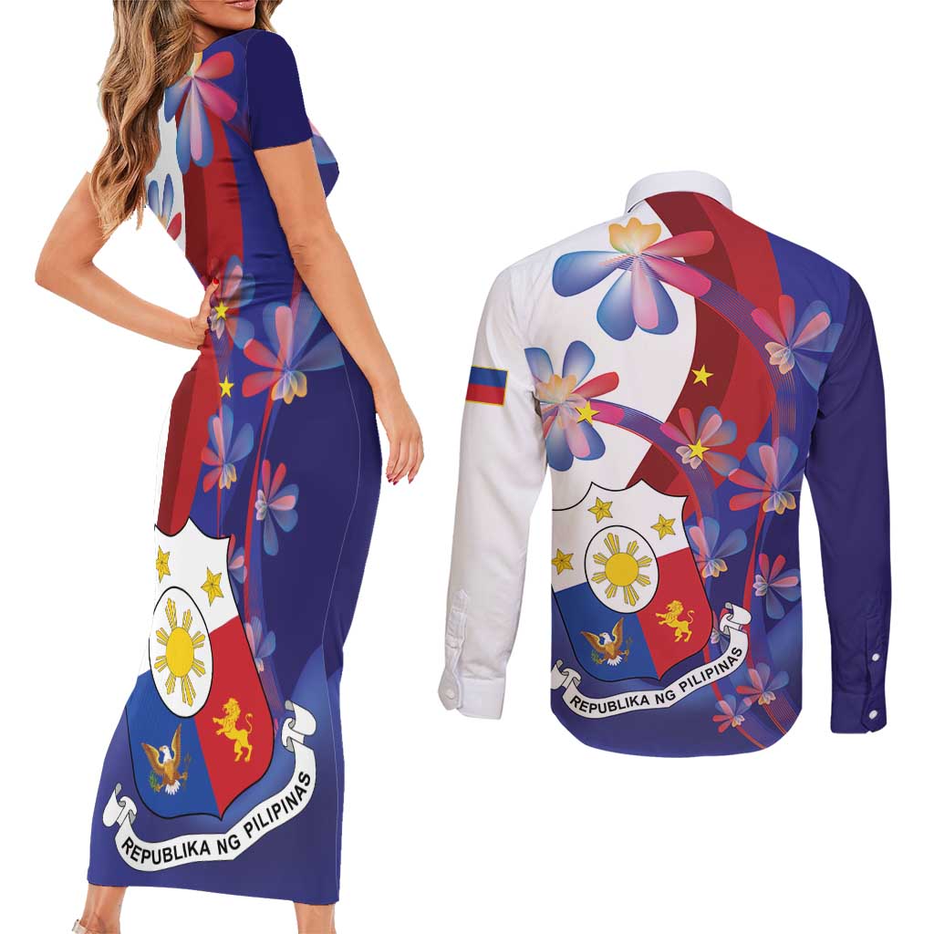Philippines Sun Plumeria Floral Couples Matching Short Sleeve Bodycon Dress and Long Sleeve Button Shirt Unique Stylized