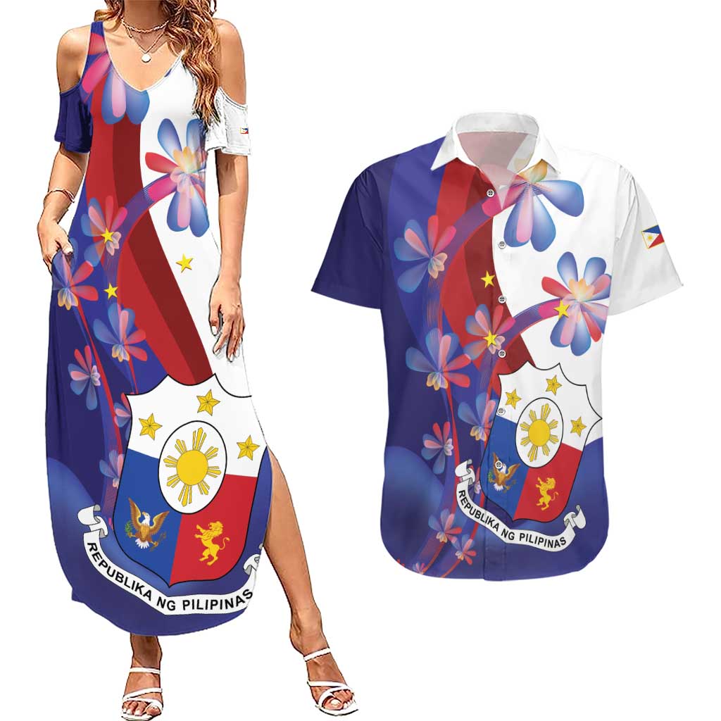 Philippines Sun Plumeria Floral Couples Matching Summer Maxi Dress and Hawaiian Shirt Unique Stylized