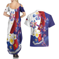 Philippines Sun Plumeria Floral Couples Matching Summer Maxi Dress and Hawaiian Shirt Unique Stylized