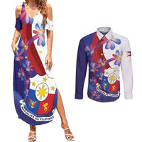 Philippines Sun Plumeria Floral Couples Matching Summer Maxi Dress and Long Sleeve Button Shirt Unique Stylized