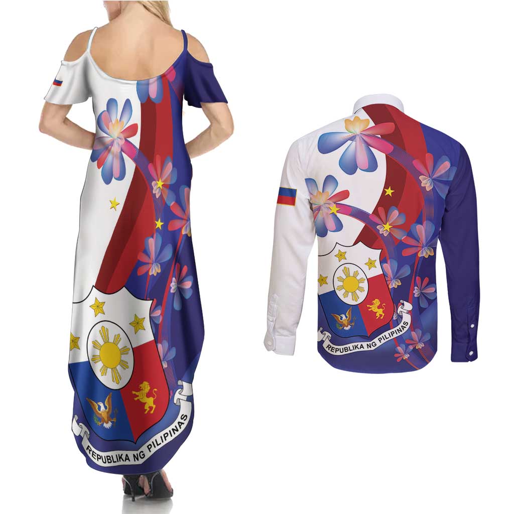 Philippines Sun Plumeria Floral Couples Matching Summer Maxi Dress and Long Sleeve Button Shirt Unique Stylized