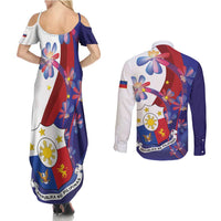Philippines Sun Plumeria Floral Couples Matching Summer Maxi Dress and Long Sleeve Button Shirt Unique Stylized