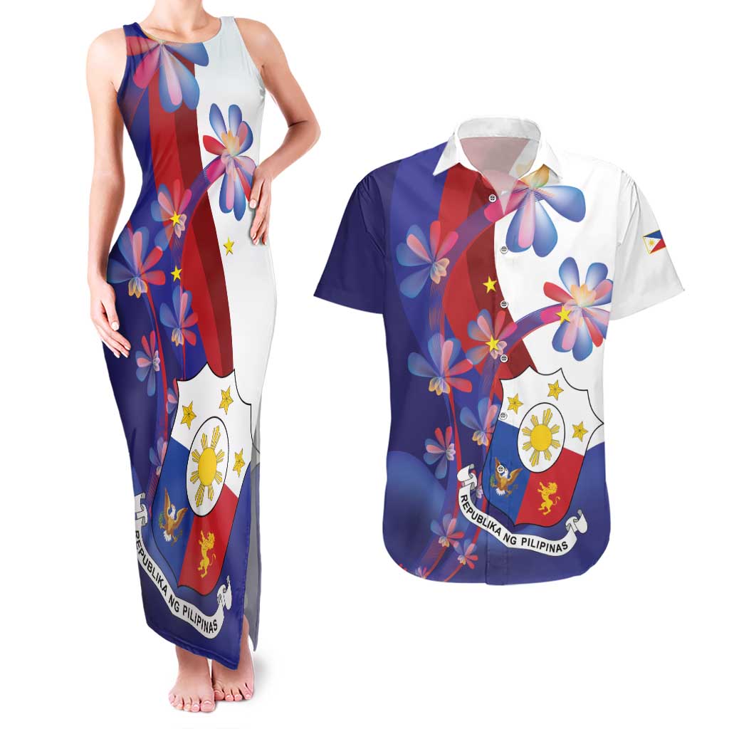 Philippines Sun Plumeria Floral Couples Matching Tank Maxi Dress and Hawaiian Shirt Unique Stylized
