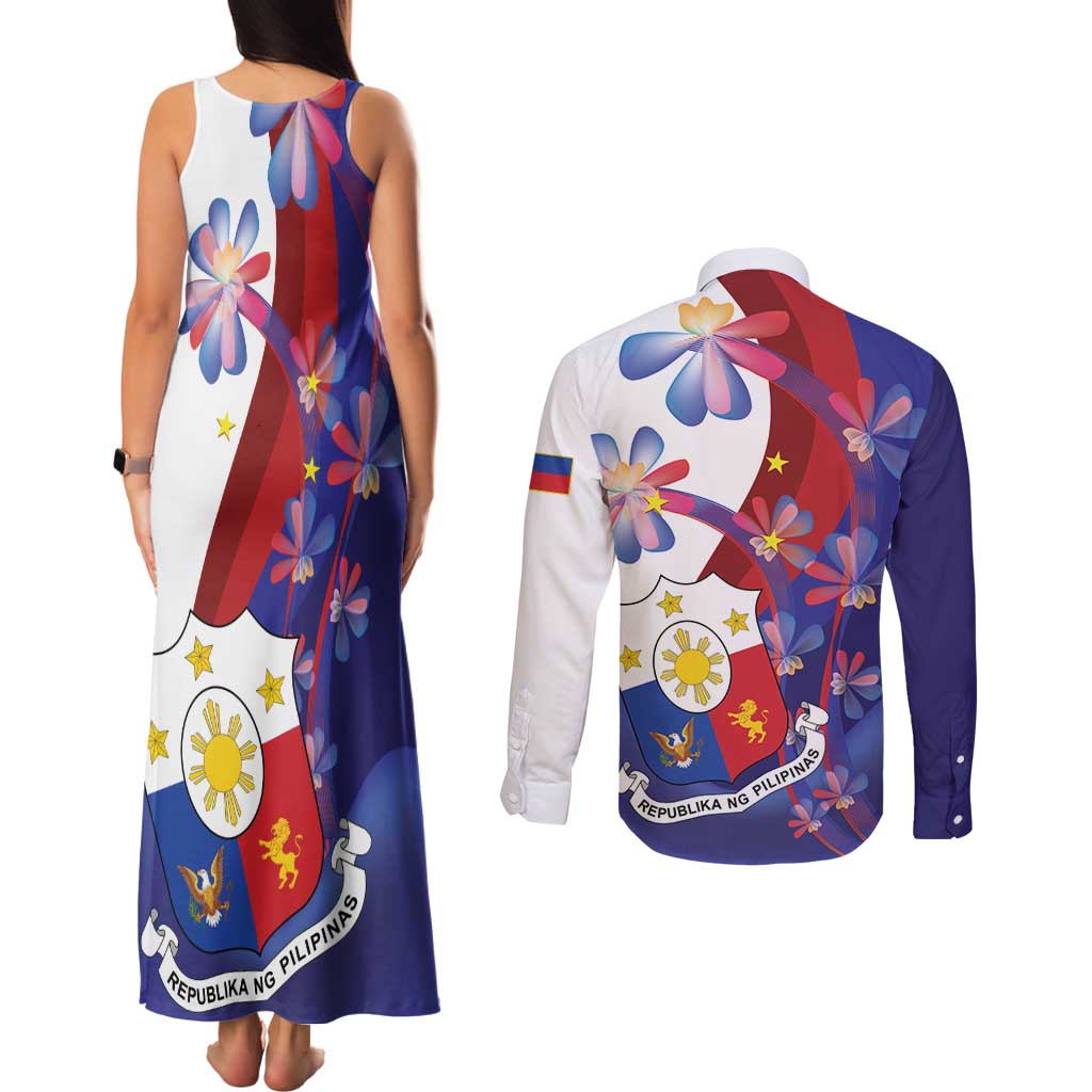 Philippines Sun Plumeria Floral Couples Matching Tank Maxi Dress and Long Sleeve Button Shirt Unique Stylized