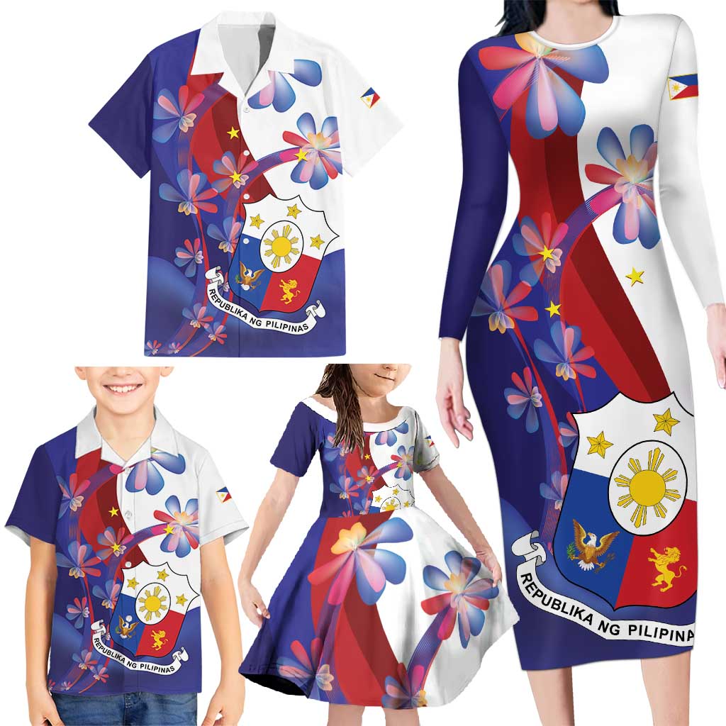 Philippines Sun Plumeria Floral Family Matching Long Sleeve Bodycon Dress and Hawaiian Shirt Unique Stylized