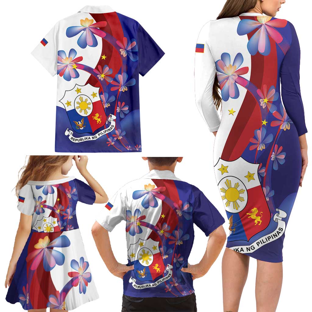 Philippines Sun Plumeria Floral Family Matching Long Sleeve Bodycon Dress and Hawaiian Shirt Unique Stylized