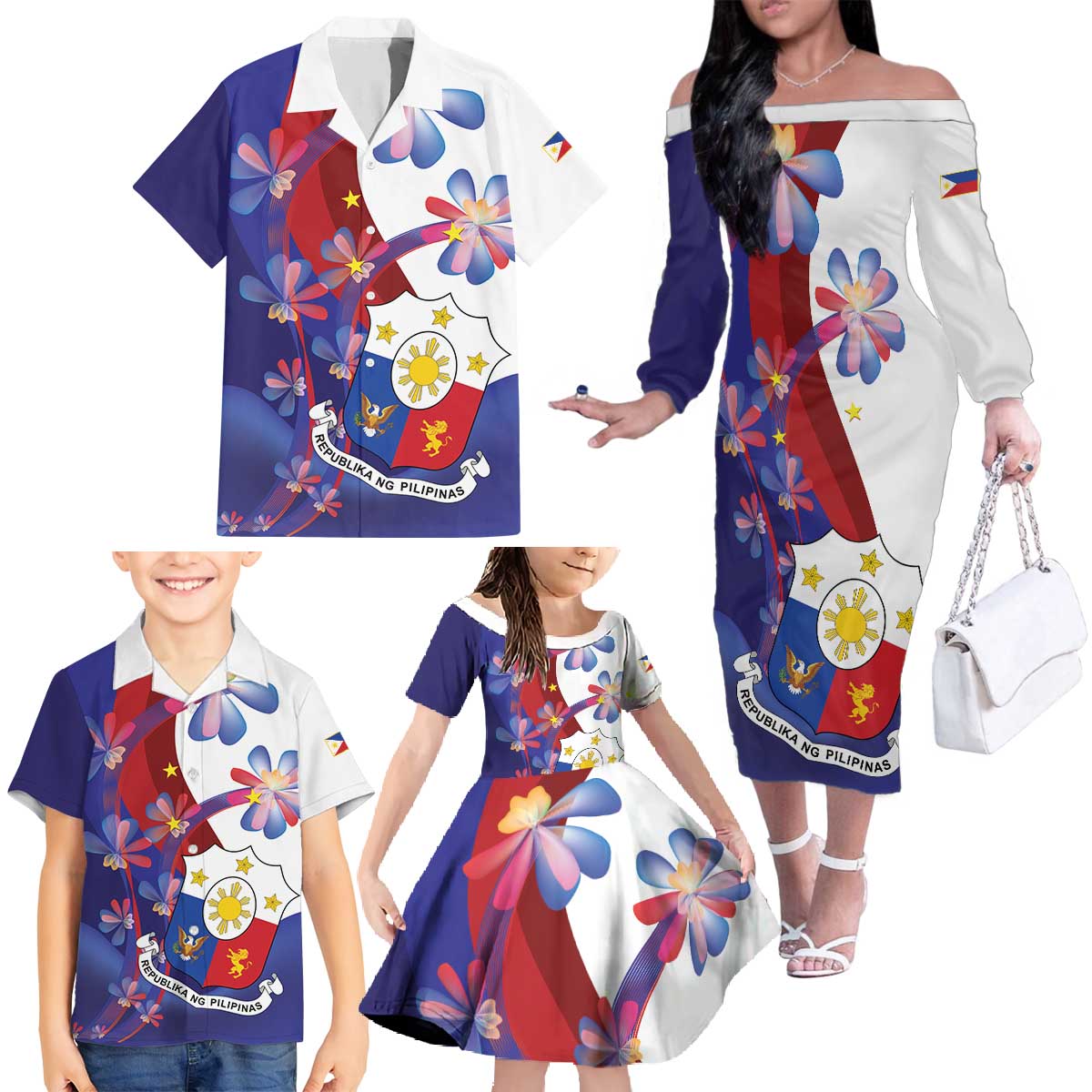Philippines Sun Plumeria Floral Family Matching Off The Shoulder Long Sleeve Dress and Hawaiian Shirt Unique Stylized