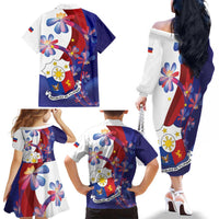 Philippines Sun Plumeria Floral Family Matching Off The Shoulder Long Sleeve Dress and Hawaiian Shirt Unique Stylized