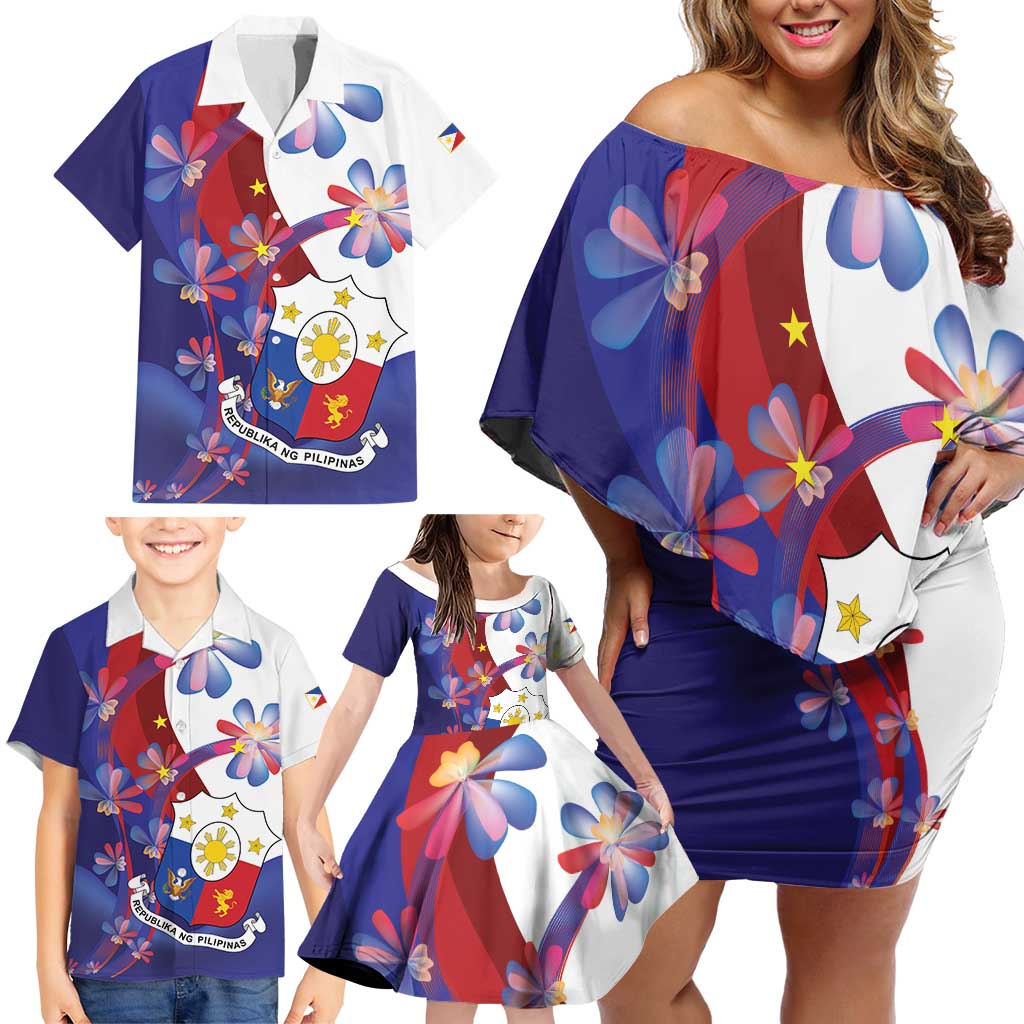 Philippines Sun Plumeria Floral Family Matching Off Shoulder Short Dress and Hawaiian Shirt Unique Stylized