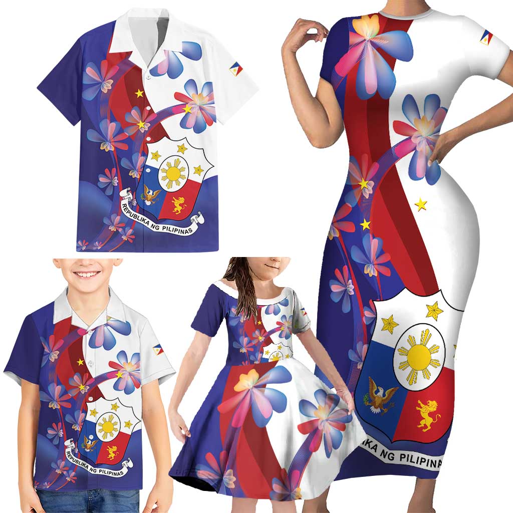 Philippines Sun Plumeria Floral Family Matching Short Sleeve Bodycon Dress and Hawaiian Shirt Unique Stylized