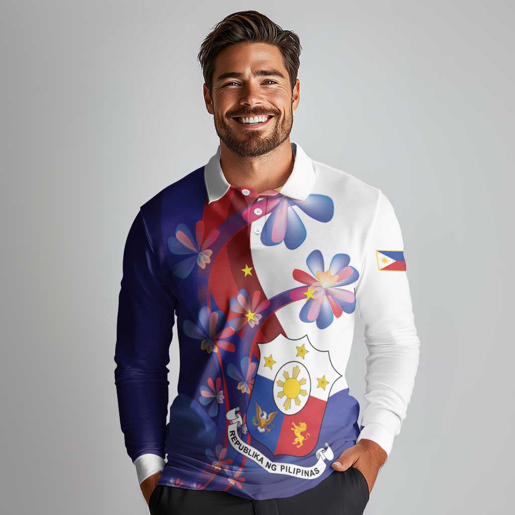 Philippines Sun Plumeria Floral Long Sleeve Polo Shirt Unique Stylized