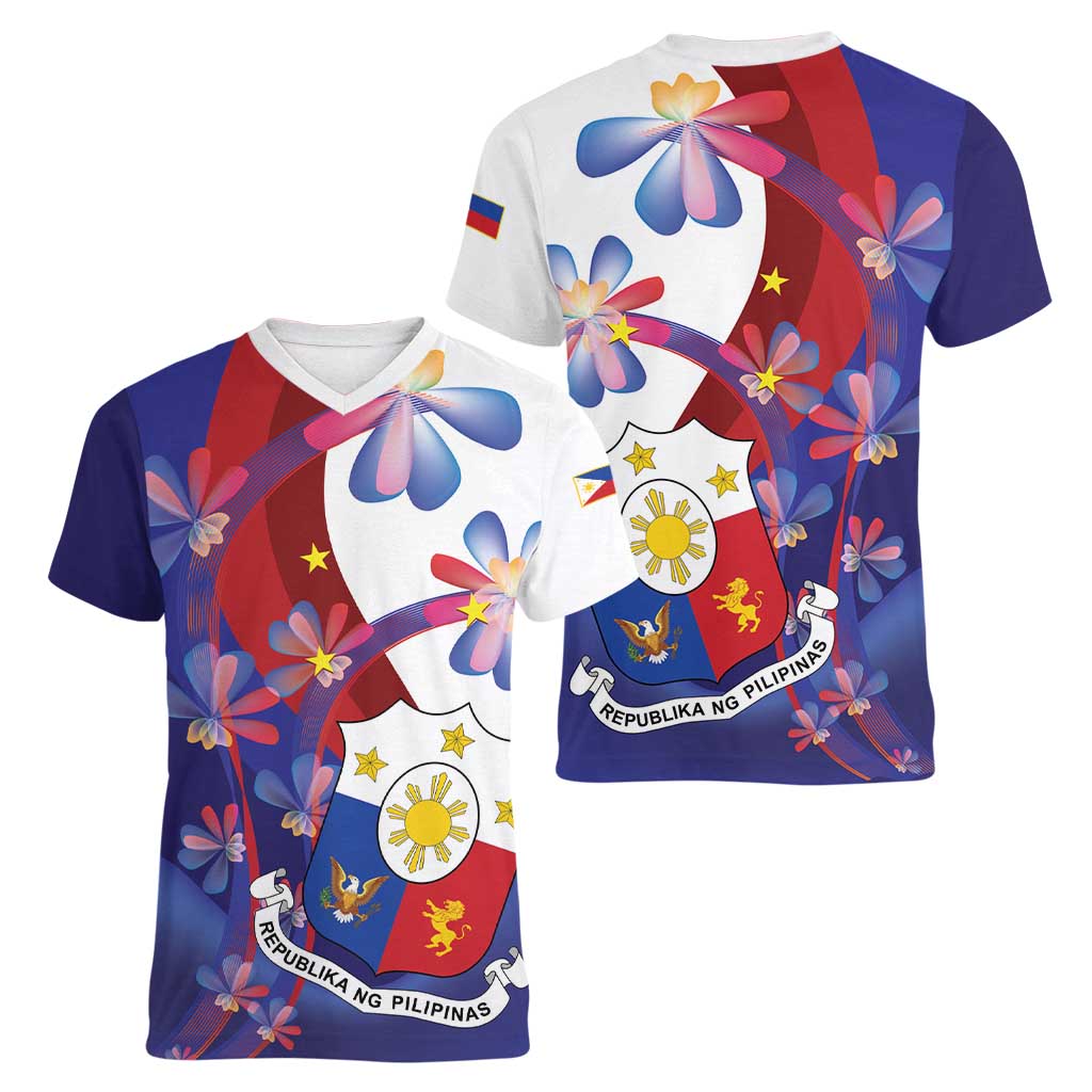 Philippines Sun Plumeria Floral Women V-Neck T-Shirt Unique Stylized