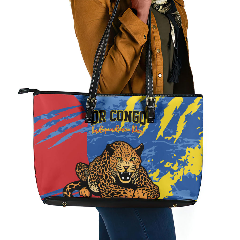 DR Congo Independence Day Leather Tote Bag Congo-Kinshasa Leopard