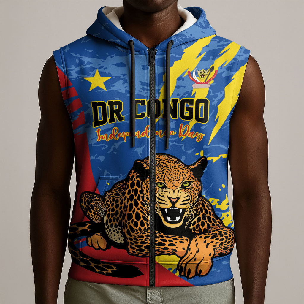 Personalized DR Congo Independence Day Sleeveless Zip Hoodie Congo-Kinshasa Leopard