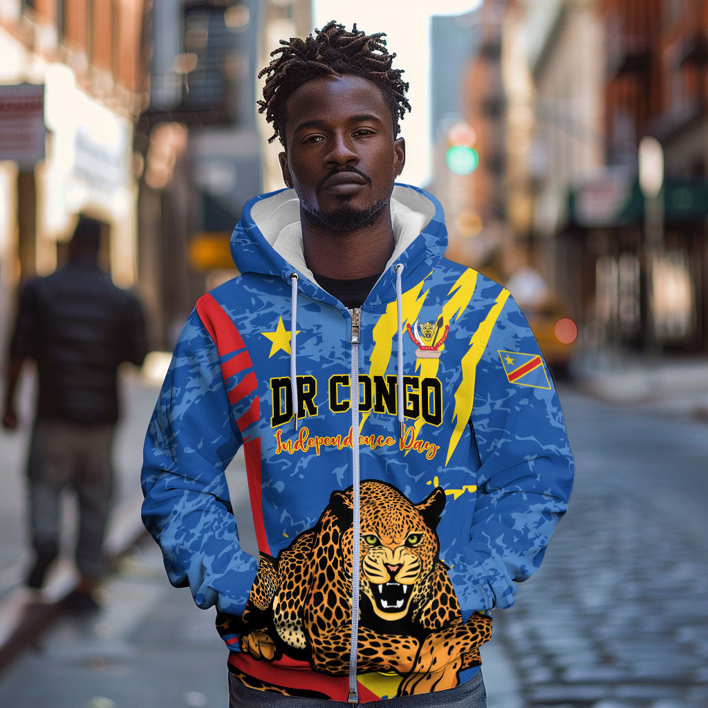 Personalized DR Congo Independence Day Zip Hoodie Congo-Kinshasa Leopard