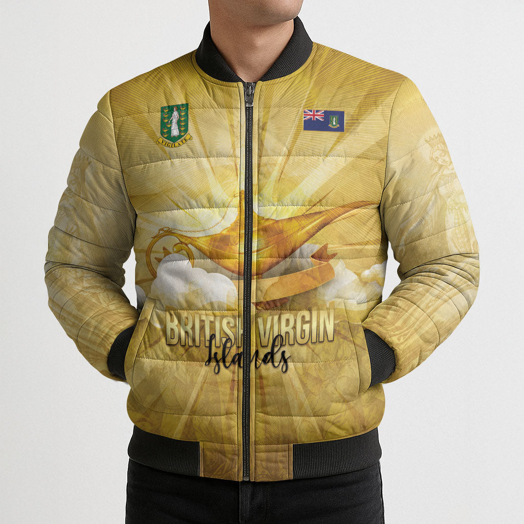Personalised British Virgin Islands Bomber Puffer Jacket Vintage Gold Oil Lamp