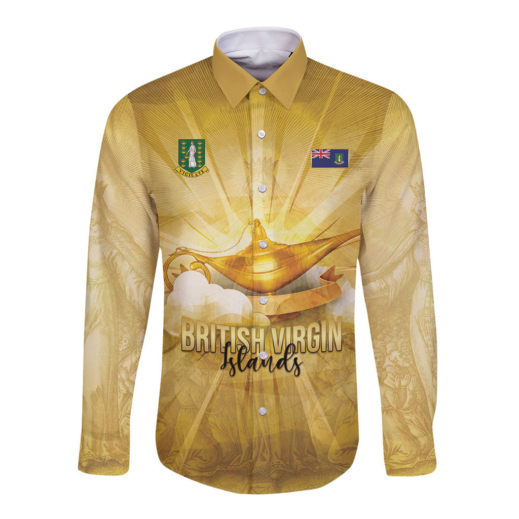 Personalised British Virgin Islands Long Sleeve Button Shirt Vintage Gold Oil Lamp