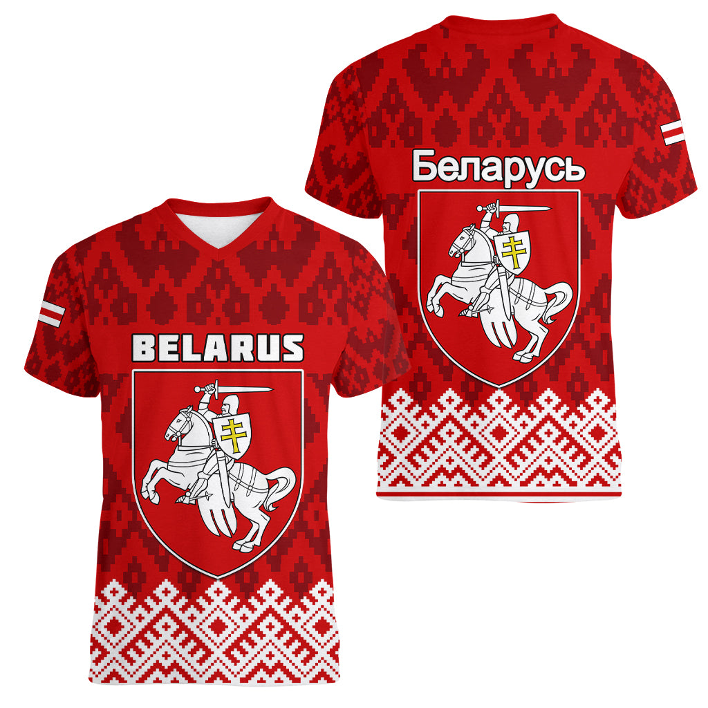 Belarus 1991 Women V Neck T Shirt Belarusian Coat Of Arms Mix Folk Pattern - Wonder Print Shop