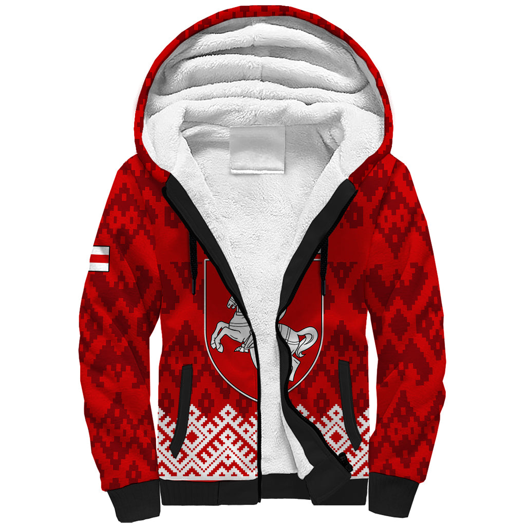 Custom Belarus 1991 Sherpa Hoodie Belarusian Coat Of Arms Mix Folk Pattern - Wonder Print Shop