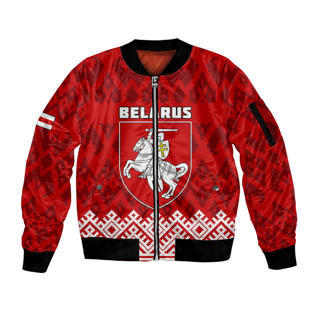 Custom Belarus 1991 Sleeve Zip Bomber Jacket Belarusian Coat Of Arms Mix Folk Pattern - Wonder Print Shop