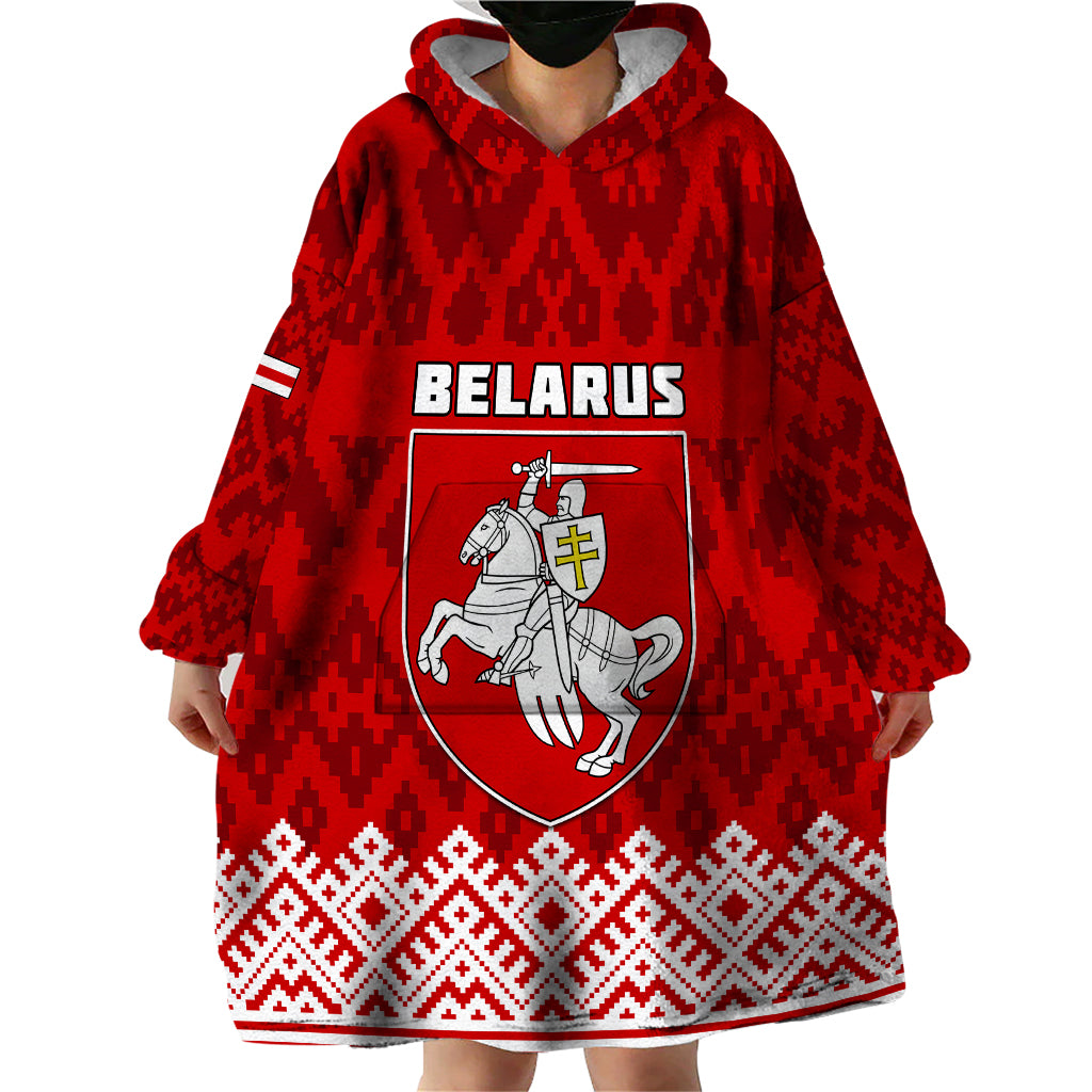 Custom Belarus 1991 Wearable Blanket Hoodie Belarusian Coat Of Arms Mix Folk Pattern - Wonder Print Shop