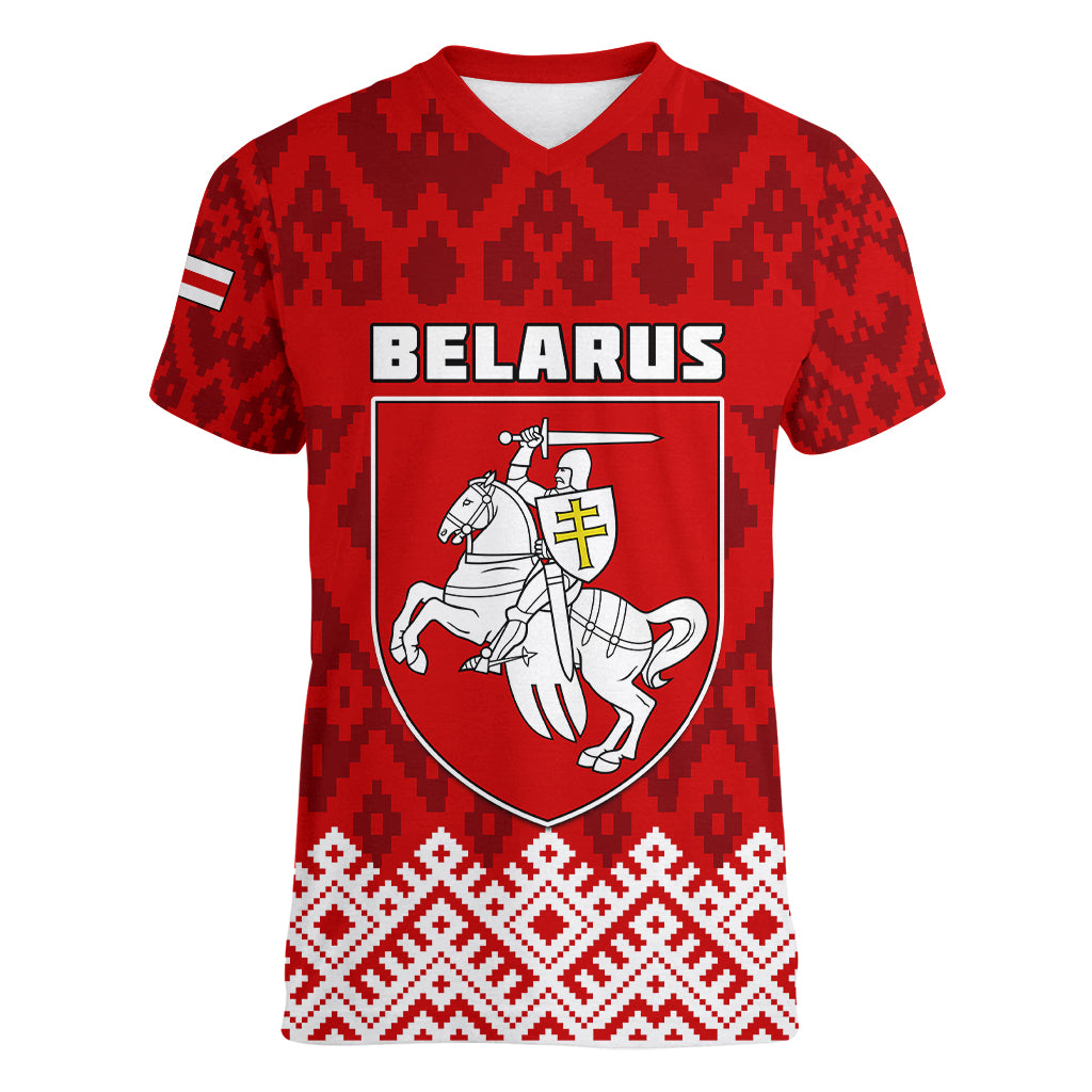 Custom Belarus 1991 Women V Neck T Shirt Belarusian Coat Of Arms Mix Folk Pattern - Wonder Print Shop