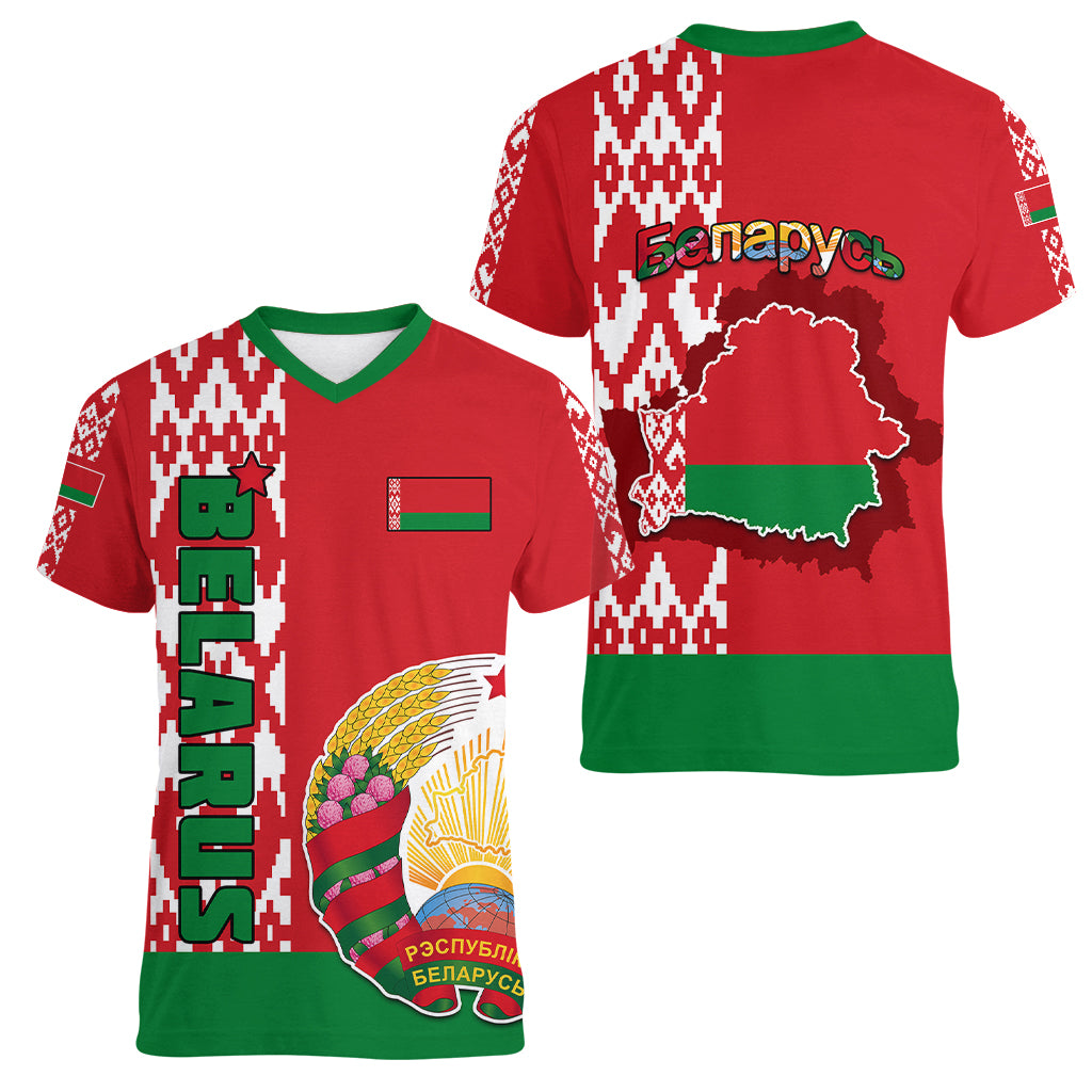 Belarus Women V Neck T Shirt Belarusian Coat Of Arms Flag Style - Wonder Print Shop