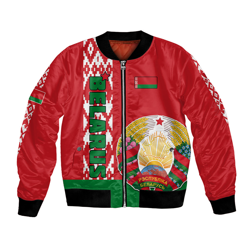 Custom Belarus Bomber Jacket Belarusian Coat Of Arms Flag Style - Wonder Print Shop