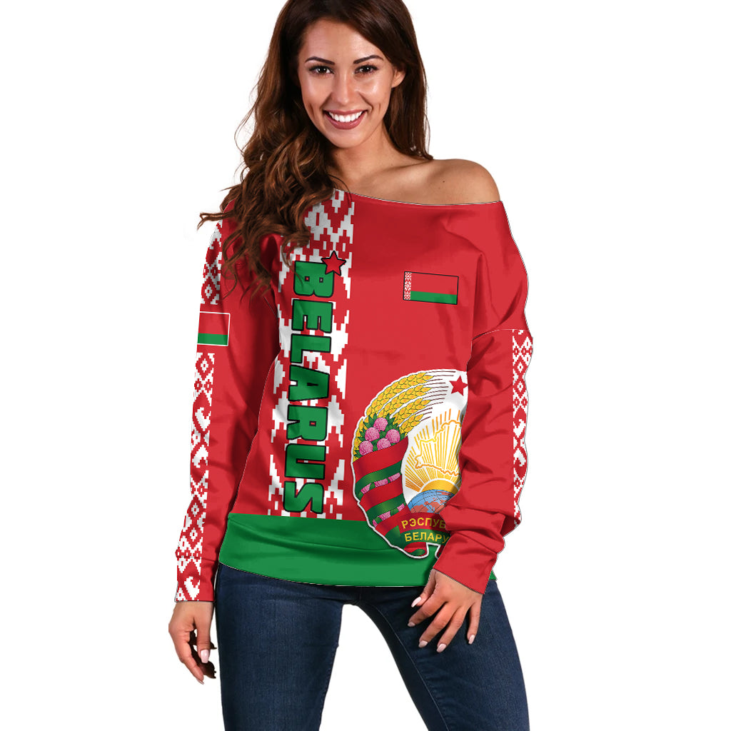 Custom Belarus Off Shoulder Sweater Belarusian Coat Of Arms Flag Style - Wonder Print Shop