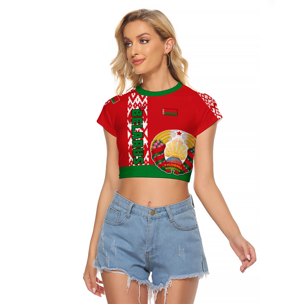Custom Belarus Raglan Cropped T Shirt Belarusian Coat Of Arms Flag Style - Wonder Print Shop