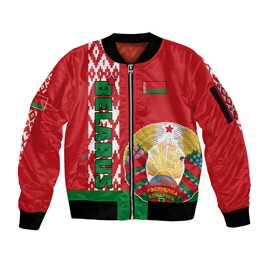 Custom Belarus Sleeve Zip Bomber Jacket Belarusian Coat Of Arms Flag Style - Wonder Print Shop