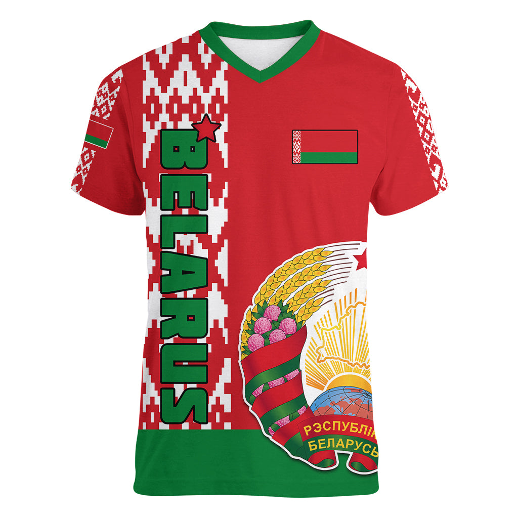 Custom Belarus Women V Neck T Shirt Belarusian Coat Of Arms Flag Style - Wonder Print Shop