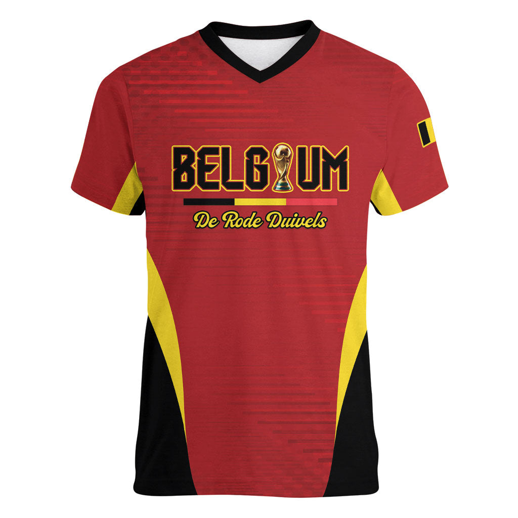 Custom Belgium 2026 World Football Women V-Neck T-Shirt De Rode Duivels Go Champions