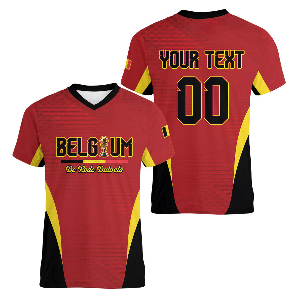 Custom Belgium 2026 World Football Women V-Neck T-Shirt De Rode Duivels Go Champions